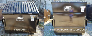 8 cubic yard MDI front load dumpster on site