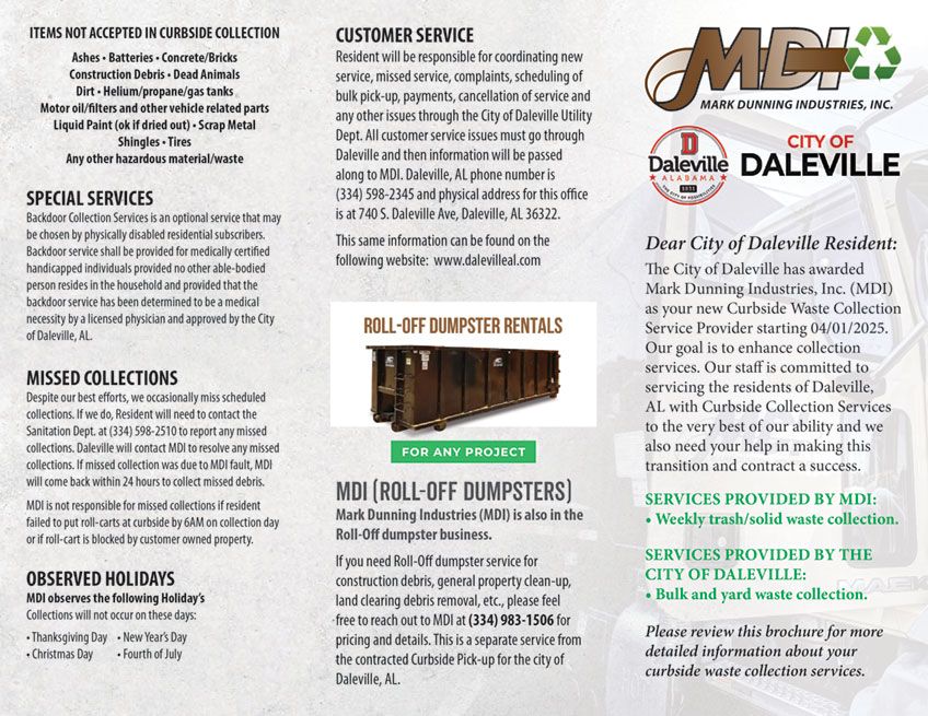 MDI Daleville curbside garbage pickup guide.