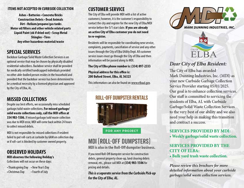MDI Elba curbside garbage pickup guide.